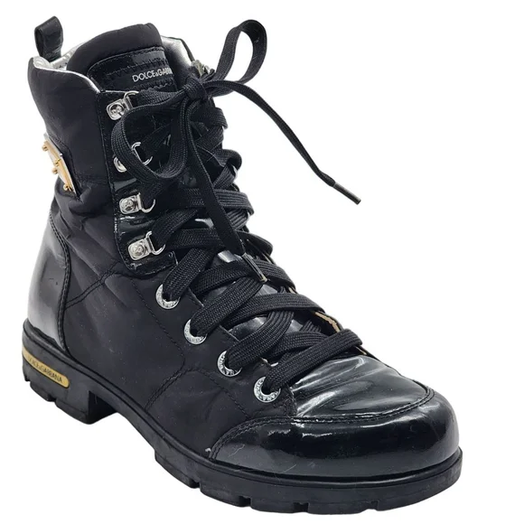 DOLCE & GABBANA Black Lace Up Boots Size 38 7.5 with Gold Accents - Picture 3 of 10